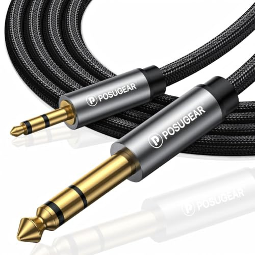 POSUGEAR 3.5mm Klinke auf 6.35mm Klinke Kabel 2M, Nylon Geflochten 6.35mm Klinkenstecker auf 3.5mm Aux Audio Stereo Kabel Stereo Kompatibel mit iPod, Laptop, Heimkino Gitarre Lautsprecher (Grau)
