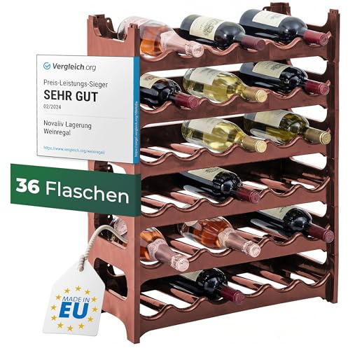 Novaliv Flaschenregal für 36 Flaschen aus Kunststoff, erweiterbar, Weinregal stapelbar, Braun, Getränkeregal Flaschen Regalsystem, Regal für Getränke, Flaschenschrank, Spirituosen Regal
