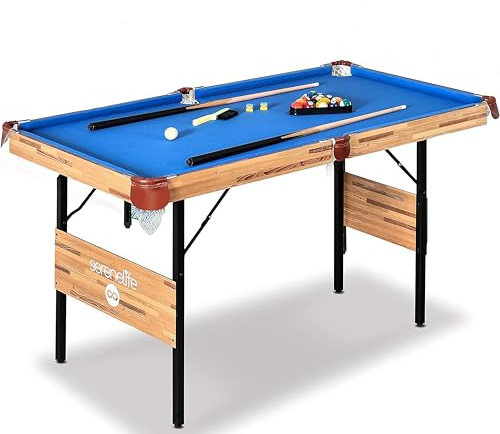 SereneLife Billardtisch, Mini Billardtisch Klappbar, Pool Table 137x74x78cm, Tischbillard- für Kinder mit Zubehör: 2 Queues, Kugeln, Dreieck, Kreide, Pool Tisch für Zuhause, blau