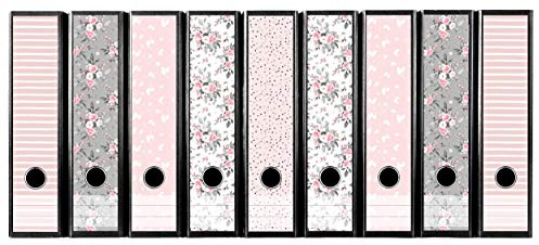codiarts. Ordnerrücken selbstklebend für 9 breite Ordner - Buchrücken Etiketten-Set gestantzt mit Griffloch - Rückenschild breit - Aufkleber Rückenschilder im Motiv für Frauen: Floraler Mix rosa