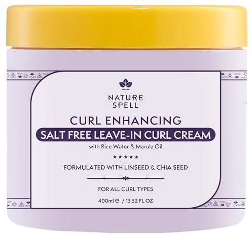Nature Spell Locken Leave-in Creme, definiert und repariert Locken, mit Hitzeschutz, für alle Lockentypen, mit Reiswasser und Leinsamen, salzfrei, parabenfrei, vegan, 400 ml