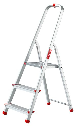 Baulich - Aluminium Leiter - 3-stufige einseitige Haushaltsleiter, Haken und Füße 4 Stück inklusive - Ergonomisches Design, leicht zu transportieren - 121x40x12cm - Belastbarkeit bis 125 kg