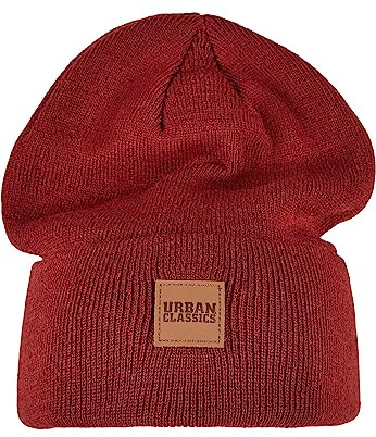 Urban Classics Unisex Synthetic Leatherpatch Long Beanie-Mütze, Burgundy, one Size