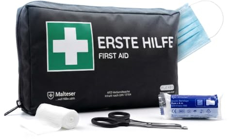 FLEXEO KFZ-Verbandtasche nach aktueller DIN 13164 | Europaweit gültig, gemäß StVZO | inkl. 2 med. Gesichtsmasken | Erste Hilfe Tasche, Set, Verbandskasten, Auto, PKW | Schwarz
