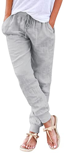 Hose Damen Sommer Casual Baumwolle Leinen Stoffhose Einfarbig Freizeithose Stretch Leicht Leinenhose Straight Leg Hose und Taschen