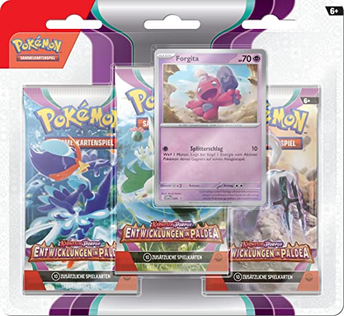 Pokémon-Sammelkartenspiel: 3er-Pack (Forgita) Karmesin & Purpur – Entwicklungen in Paldea (3 Boosterpacks & 1 holografische Promokarte)