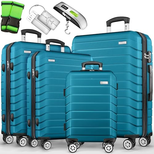 tillvex® Reisekoffer Set 4-teilig + Gepäckwaage, 4X Koffergurte & 4X Kofferanhänger | Kofferset 4 Rollen | Trolley Gepäck Koffer TSA Schloss | Hartschalenkofferset S-M-L-XL