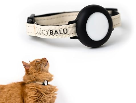 LucyBalu® DORI Katzenhalsband für AirTag reißfest – Sand | Nylon-Halsband mit AirTag-Fach, selbstöffnender Sicherheitsverschluss