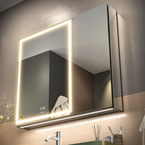 GANPE LED Beleuchtetes Badezimmer Medizin Spiegel Schrank, Defog, Stufenloses Dimmen, Speicher 3-Farben Modus, Speicher Regale, Steckdosen & USBs (2 Türen, 75 x 70 cm)