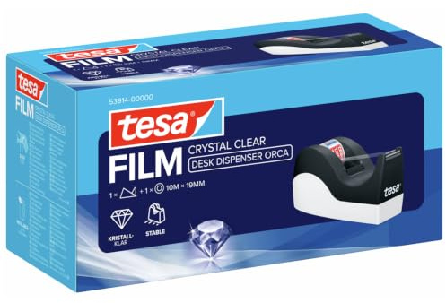 tesa Tischabroller Easy Cut Orca mit 1 Rolle tesafilm Crystal Clear | Klebebandspender im Set mit Klebeband, 10 m x 19 mm - Abroller mit Anti-Rutsch-Boden für sicheren Halt