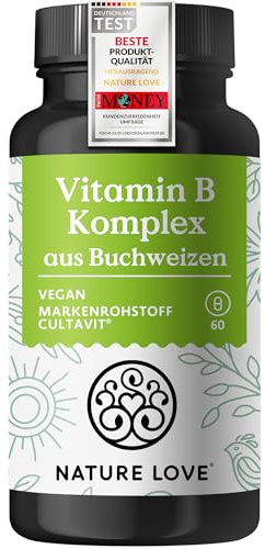 Nature Love Vitamin B Komplex aus Buchweizen - 60 Kapseln - Hochdosiert: 120% des täglichen Bedarfs an Vitamin B1, B2, B3, B5, B6, B7 (Biotin), B9 (Folsäure) und B12 - vegan, laborgeprüft