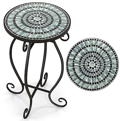 COSTWAY Beistelltisch Mosaiktisch Rund, Mosaik Gartentisch Bistrotisch, ∅30 x 50 cm, Balkontisch aus Metall & Keramik, Blumenhocker für Balkon Terrasse Garten (Schwarz+Grau)