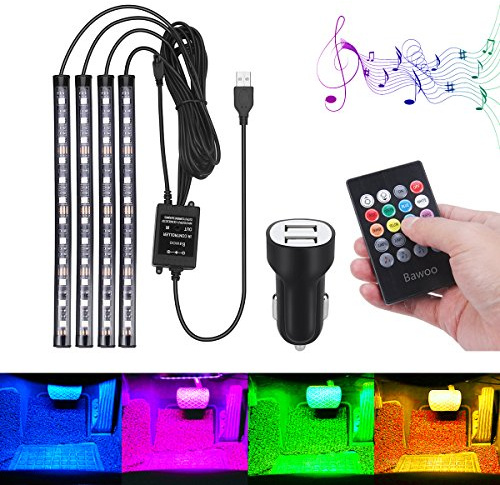 Auto Innenbeleuchtung LED Atmosphäre Licht, Bawoo 48 Streifen Leuchten Innenraumbeleuchtung USB-Port Lichtleiste mit Fernbedienung