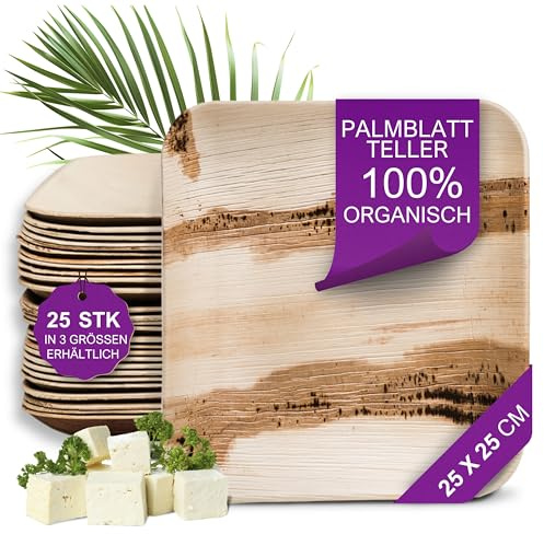 Waipur Bio Palmblatt Teller - 25 Stück groß eckig 25x25 cm - Premium Einweggeschirr kompostierbar - Umweltfreundliches Palmblatt-Geschirr - ähnl. Bambus-Teller Einweg