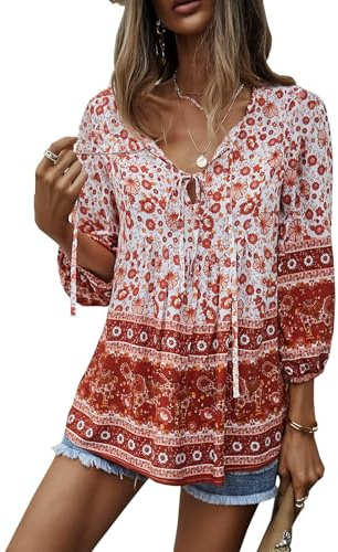 CNTSFS Bluse Damen Boho V‑Ausschnitt Blumenmuster Lose Tunika Damen Sommer | Elegante lässige Strandhemden für Damen, Boho Hippie Kleidung, 70er Jahre Retro Outfit, Sommerbluse für Strand und Urlaub