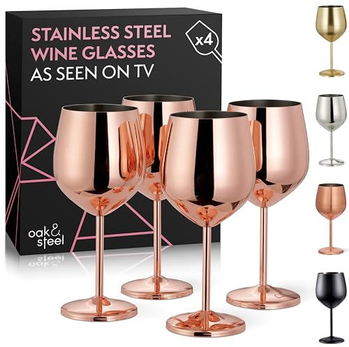 Oak & Steel - 4 Edelstahl Weingläser Geschenkset (540ml) - Roségold/Kupfer - Robust & Unzerbrechlich - Tragbar für Reisen, Camping, Outdoor, Picknicks