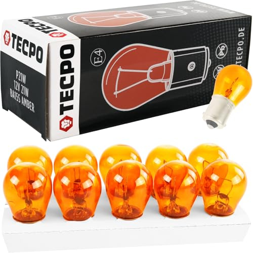 TECPO 10x Blinkerbirnen PY21W Gelb 12V 21W BA15s-Sockel parallele Pins, klare Signale für PKW und LKW Blinker – Einfache Installation, langlebig, ECE-Zertifiziert, perfekt für Fahrzeug-Blinkanlagen
