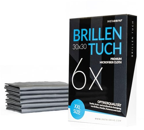 INSTADRIVE XXL 6 Brillentücher 30x30cm – Brillenputztücher aus Microfaser für die professionelle Brillenreinigung (Brillentücher)