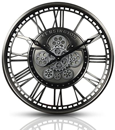 Samilito Wanduhr groß 53,5 cm mit beweglichen Zahnrädern, Industrial Steampunk Vintage Metall-Uhr, Römische Ziffern, Silber, leises Quarzwerk, Deko für Wohnzimmer, Küche, Büro