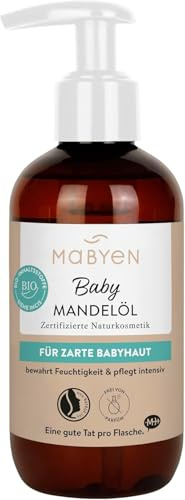 MABYEN Baby Pflegeöl Mandel – Pflege- & Massageöl für Babys, parfümfrei & Ultra sensitiv, mit Bio-Mandelöl, Jojobaöl & Pflaumenkernöl, für Babypflege & Babymassage, 200 ml