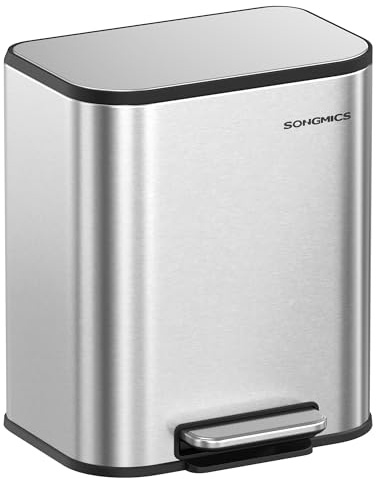 SONGMICS Mülleimer Küche, 20 Liter, mit Deckel, Stahl, Softclose | Tretmülleimer, Offenhaltefunktion, Inneneimer, breites rutschfestes Pedal, metallisches Silber, PARRI Kollektion LTB542E20