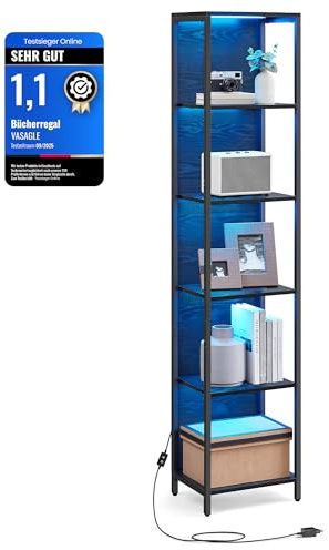VASAGLE Bücherregal mit 6 Ebenen, Standregal mit Einstellbarer LED-Beleuchtung, Regal mit Stahlrahmen, 30,3 x 40 x 178,6 cm, für Wohnzimmer, Schlafzimmer, Arbeitszimmer, ebenholzschwarz LLS121B57