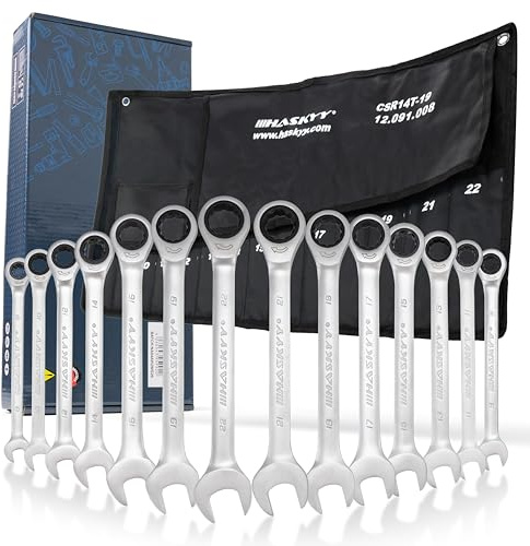 HASKYY 14-Tlg Ratschenschlüssel-Set I 8-22mm Gabelschlüssel Ratschen-Schlüssel-Satz Maulschlüssel