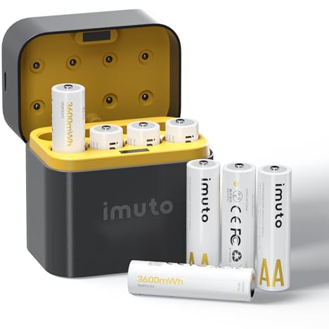 imuto Batterien AA 8 Stück Wiederaufladbare Lithium 1,5V 3600mWh mit Schwarzem Schnelles Aufladen LED Ladegerät ideal Digitalkamera, Spielzeug, Sport- & Outdoor-Einsätze