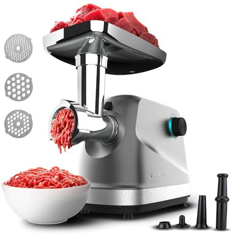 Cecotec Elektrische Fleischwolf Crusher 1400 Steel, 1360 W, Optimal zum Zerkleinern, Schneiden und Hacken, 1 Edelstahlmesser und 3 Schneidscheiben mit Löchern für 3 mm, 5 mm und 7 mm
