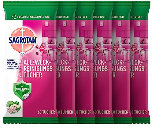 Sagrotan Allzweck-Reinigungstücher Blütenfrische und grüner Apfel, gegen 99,9% der Bakterien, 6er Pack (6 x 60 Stück)