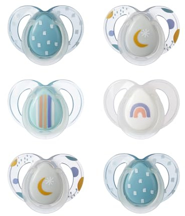 Tommee Tippee Nighttime Schnuller, 6-18 Monate, 6er Packung mit Schnullern, die im Dunkeln leuchten mit wiederverwendbarem Sterilisierbehälter
