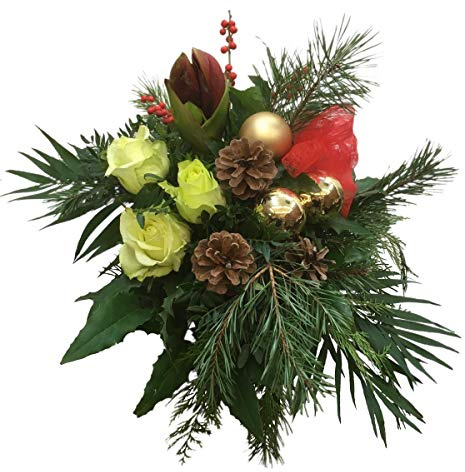 Blumenstrauß „Weihnachtsglück“ – Festlicher Weihnachtsstrauß mit Amaryllis & Rosen, Tannengrün, Beeren & Deko | Winterstrauß Weihnachten – Stilvolle Geschenkidee, frisch gebunden