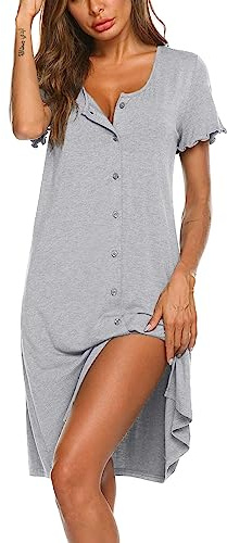 Ekouaer Nachthemd Damen Kurzarm Schlafshirt Knopfleiste Nachtwäsche | v-ausschnitt, sommer, weicher stoff, atmungsaktiv, lockere passform, geeignet als stillnachthemd, pflegeleicht