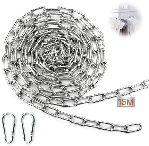 Mbsomnus 15M Gliederkette Meterware 3 mm Metall Ketten Stahlkette Verzinkte | Kette Meterware, Rundstahlkette, mit Karabiner, Schwere Ketten, für Wäscheleine, Schaukeln, Hängesessel, Ankerkette