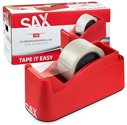 SAX Tape it Easy XXL Einhand Klebeband Abroller extra Schwer | für 1x 50mm Band oder 2x 25mm Band, Paketbandabroller mit Stiftehalter Funktion, rutschfest, inkl. doppelseitige Klinge, Rot