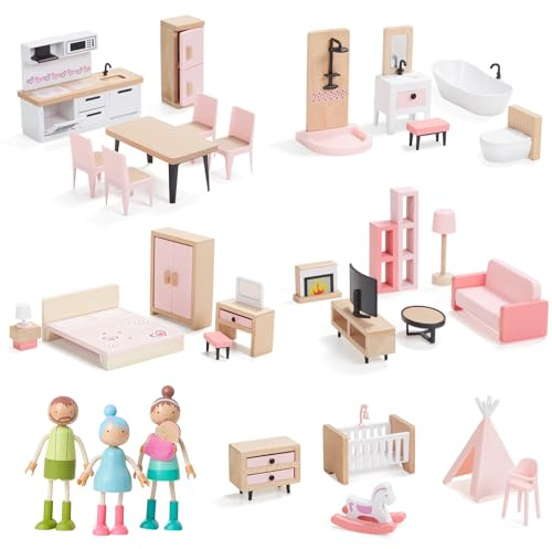 Giant bean Puppenhaus Möbel Set aus Holz, 36 Teilig, Puppenhaus Zubehör, Spielmöbel, Spielzeug für Jungen, Mädchen und Kleinkinder ab 3 Jahren, Rosa