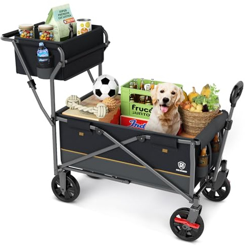 EVER ADVANCED Bollerwagen faltbar schieben&ziehen mit Bremse Einkaufskorb Getränkhalter Seitentasche Handwagen klappbar Strandwagen bis 120kg Faltwagen Transportwagen für Camping