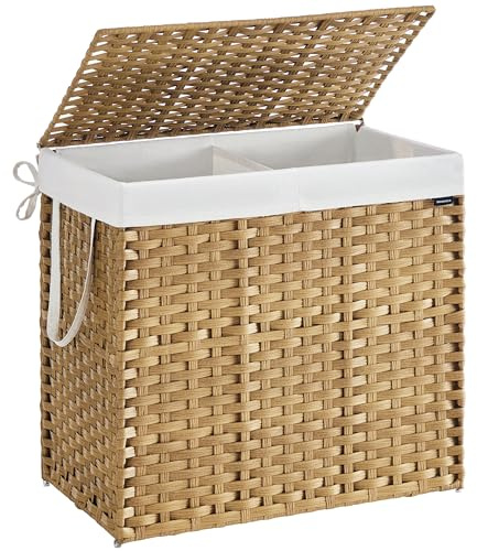 SONGMICS Wäschekorb 2 Fächern, Wäschesammler 160 L, Wäschebox aus synthetischem Rattan, mit Deckel und Griffen, geflochten, faltbar, herausnehmbarer Wäschesack, naturfarben LCB216Y01