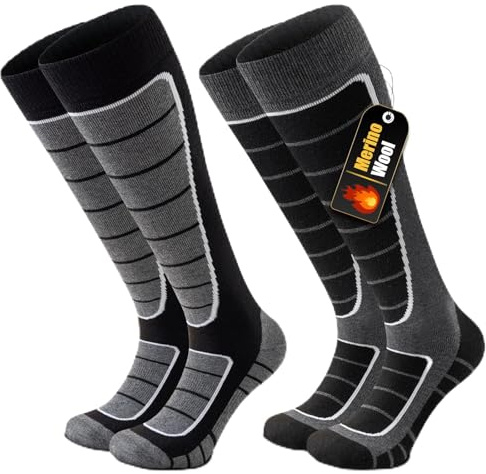 Stoeury 2 Paar Merinowolle Skisocken Herren Damen, Gepolsterte Skisocken, Bequeme Snowboard Socken, Warme Skistrümpfe, Thermosocken Wintersocken für Skifahren, Snowboarden, Schwarz und Grau, L