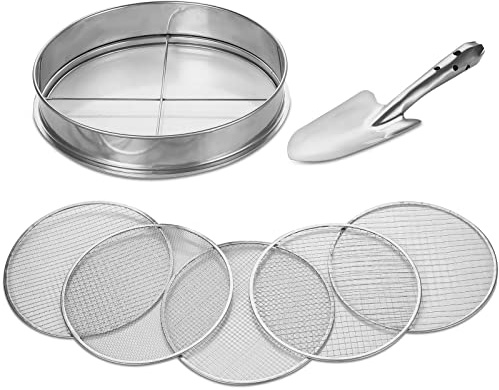 johgee 5 in 1 Gartensieb aus Edelstahl Witterungsbeständig Sieb, mit 5 austauschbare Siebeinsätze Ø 3,6,9,10,12 mm + 26cm lang Handspaten für Erde Steine Kompost Sand usw. 30 cm rund rostgeschützt