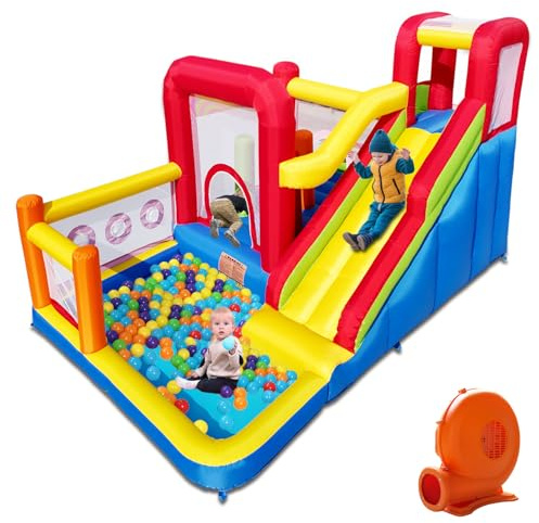 Baralir Hüpfburg für Kinder mit Rutsche, Kletterwand, Bällebad und Basketballkorb, Aufblasbare Spielburg mit Gebläse für Indoor & Outdoor