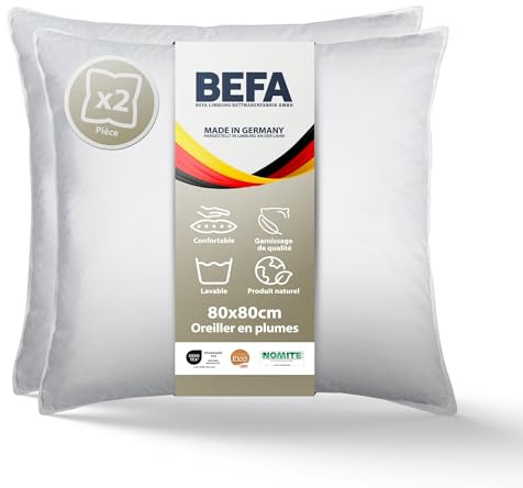 BEFA NATUR Federkissen 80x80 cm (2 Stück) | Kopfkissen Set 100% Federn | 1500g Füllgewicht/Stück | Allergiker geeignet (NOMITE) | Tierwohl zertifiziert (DOWNPASS) | OEKO-TEX Klasse 1 | Made in Germany