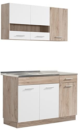 Homestyle4u Singleküche 120 cm – Küchenzeile Weiß Eiche | Küchenschränke mit Arbeitsplatte, Ober- & Unterschrank, ohne Elektrogeräte – ideal für kleine Küchen