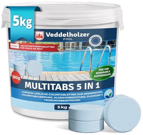 Veddelholzer 5 kg Multitabs 5 in 1 Chlortabletten für Pool als 200g Tabletten für große Pools ab 25m³ Pool Zubehör für Pools langsam lösliche, langzeit Chlor Tabletten