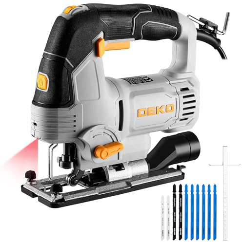 DEKOPRO Stichsäge 800 W mit LED, Laser und 10 Sägeblättern | 800–3.000 Hübe/min | Schnitttiefe 100 mm Holz, 6 mm Stahl | LED, Laser und ±45° Gehrungsschnitte | 6 Geschwindigkeitsstufen
