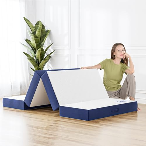 Doubleslee Klappmatratze 60x190cm, Höhe10 cm, 4-teilige Faltmatratze, Gästematratze Klappbar, Matratze Auto Kofferraum, H3 Härtegrad, Komfortschaumkern, Klappbett Waschbar für Reisen und Camping