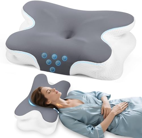 Nackenkissen - Orthopädisches Kopfkissen aus Memory Foam - Ergonomisches Kopfkissen gegen Nackenschmerzen für Seitenschläfer, Rückenschläfer und Bauchschläfer mit Eisseiden Bezug (Dunkelgrau)