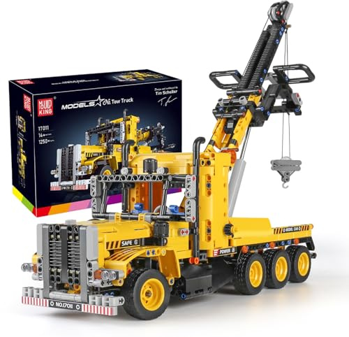 Mould King 17011 Technik Abschleppwagen Kran Klemmbausteine, 1250 Teile Engineering Series LKW Modell Anhänger Montagesatz, Trailer Building Block Konstruktionsfahrzeug(Ohne Motor)