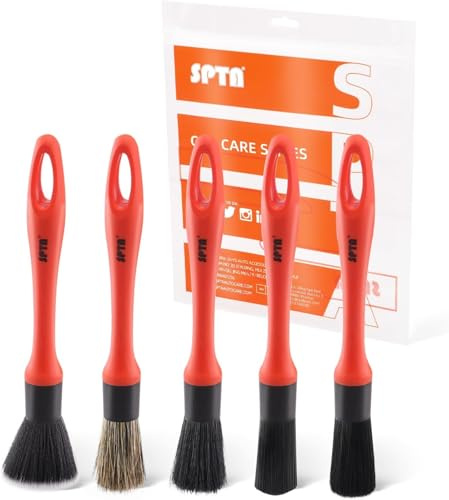 SPTA Detaillierungsbürsten-Set 5 Verschiedene Größen Premium-Naturhaar-Mischfaser-Kunststoffgriff Auto-Detailbürsten zum Reinigen von Rädern, Motor, Innenraum, Lüftungsschlitzen