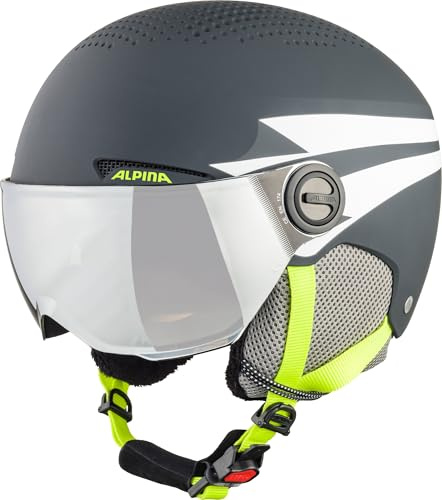 ALPINA ZUPO Visor Q-LITE - hochwertiger & sicherer Skihelm für Kinder, mit abnehmbaren Ohrenpolstern, mit kontrastverstärkendem Visier - Charcoal-neon matt - M (51-55 cm)